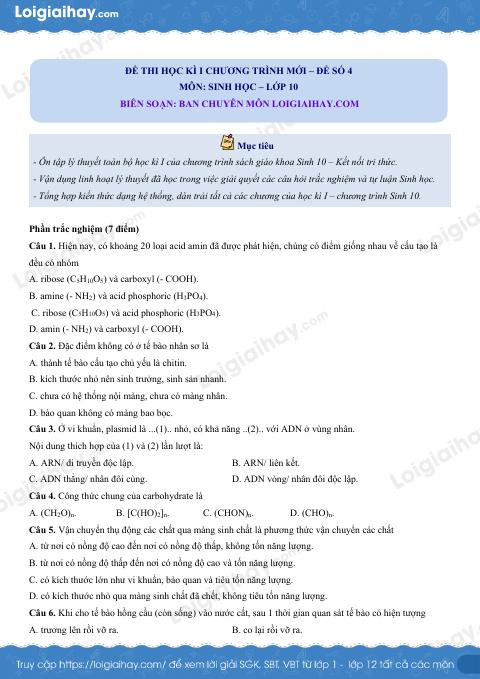 Đề thi học kì 1 Sinh 10 Kết nối tri thức - Đề số 4